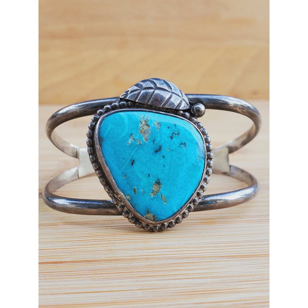 Vintage Turquoise and Silver Leaf Cuff Bracelet